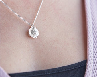 Solid Silver Sunflower Necklace - Gold Vermeil Sunflower Pendant -Womens Flower Necklace - Gift For Girlfriend - Silver Flower Pendant