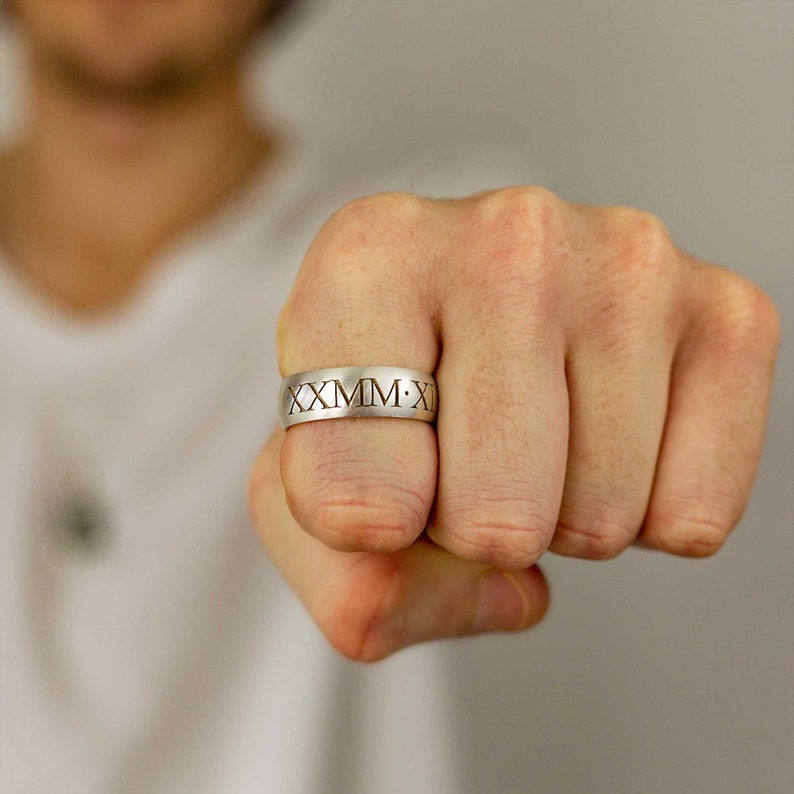 roman numerals engraved date mens ring birthday gift