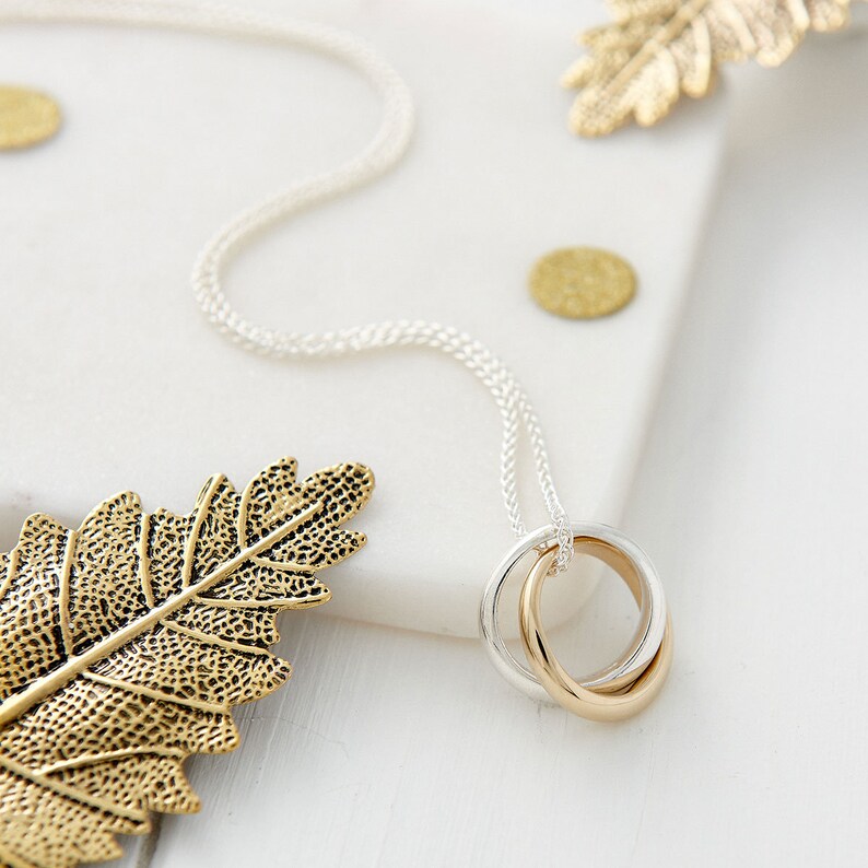 Double Circle Necklace Lunar Eclipse Silver Linked Circles Gold /& Rose Gold Necklace Organic Pendant Russian Rings Solid 9ct Gold