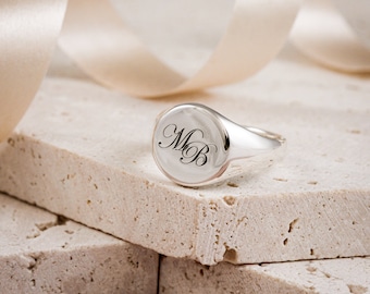 Personalised Initials Silver Signet Ring - Monogram Script Initials Ring - Custom Engraved Pinky Ring