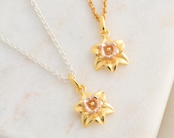 Small Gold Vermeil Daffodil Pendant on Silver Chain - Mother's Day Gift