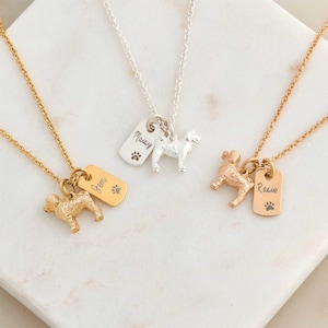 May include: Three gold, silver and rose gold necklaces with dog charms and personalised tags. The tags are engraved with the names "Rosie", "Maisie" and "Jem".