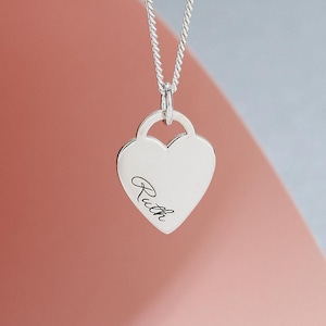 Heart Tag Personalised Curve Name Silver Necklace - Heart Tag Engraved Pendant
