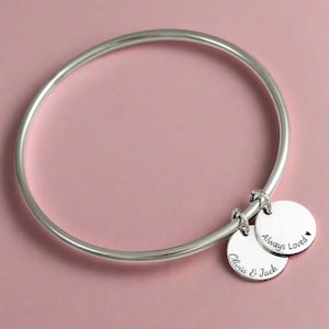 Personalised Solid Silver Disc Charm Bangle - Recycled Sterling Silver - Name Bangle