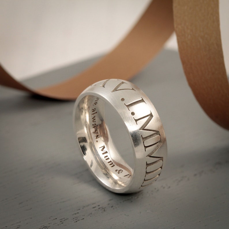 roman numerals engraved date mens ring birthday gift