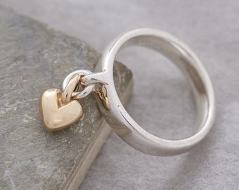 Recycled Gold Heart Charm Ring: Sterling Silver Band With Dangling Heart, Luxury Charm Jewellery Solid Silver & Gold