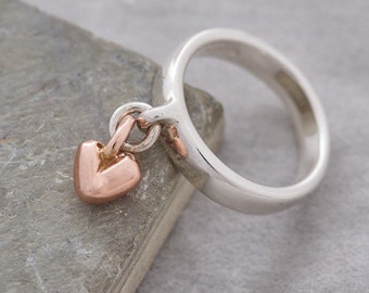 Heart Silver & Recycled Gold Charm Ring, Recycled Solid Gold Heart - Heart Ring - Unusual Women's Ring - Womans Ring