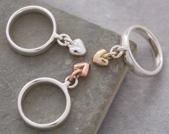Sweetheart Charm Ring - Silver Ring With Dangling Silver or Solid 9ct Gold/Rose Heart Charm, Designer Dangle Heart Ring