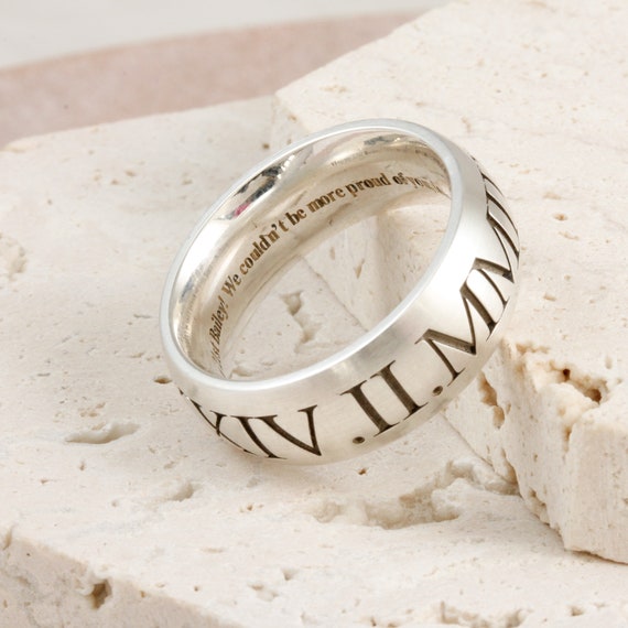 Roman Numerals Ring Men s Personalised Sterling Silver Ring Mens Personalized Ring Engraved Date Ring Thumb Ring Chunky Ring Etsy