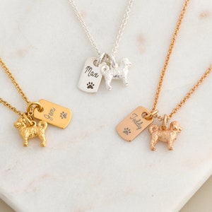 May include: Three necklaces featuring small dog charms and rectangular tags. One silver necklace has a tag engraved with Max and a paw print. One gold necklace has a tag engraved with Jem and a paw print. One rose gold necklace has a tag engraved with Teddy and a paw print.