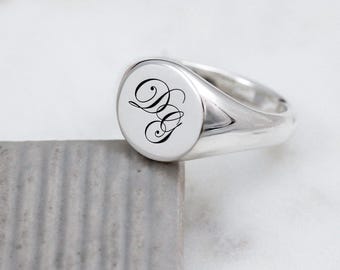 Personalized Sterling Silver Signet Ring: Engraved Monogram Initial Ring