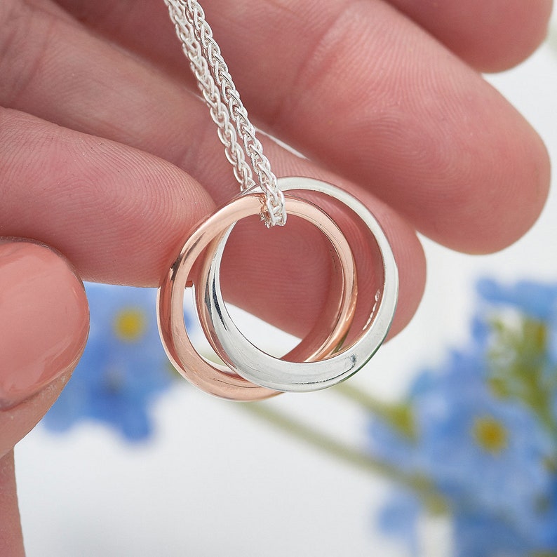 Double Circle Necklace Lunar Eclipse Silver Linked Circles Gold /& Rose Gold Necklace Organic Pendant Russian Rings Solid 9ct Gold