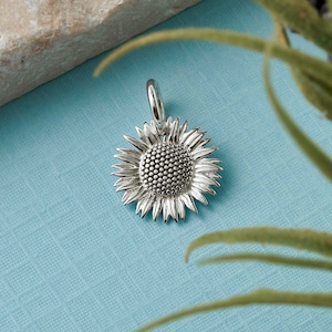 Sonnenblume Massiv Silber Charm, Halskette, Anhänger oder Armband mit Bedeutung Karte - Blumen Schmuck - Sterling Sonnenblume