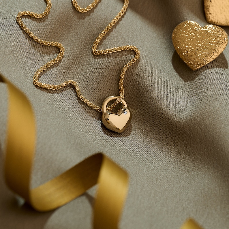 chunky rounded solid gold heart necklace with diamond