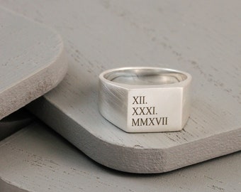 Roman Numerals Date Silver Signet Ring - 18th or 21st Birthday Gift For Son Or Grandson