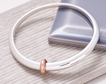 Eclipse Oval Bangle With Recycled Solid Gold Loop - Heavy Oval Solid Silver Bangle - Recycled Jewellery