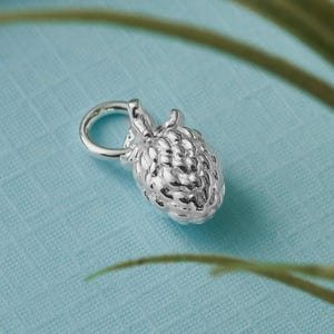May include: A silver pinecone charm with a textured surface and a loop for attaching to a bracelet or necklace. The charm is set against a light blue background, with green foliage in the corners.