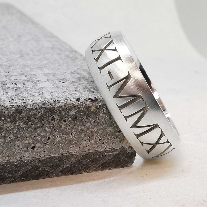 roman numerals engraved date mens ring birthday gift