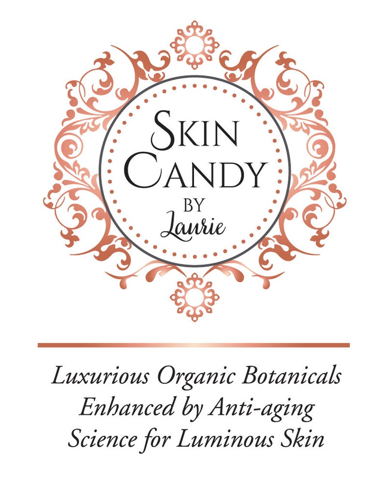 May include: A logo for "Skin Candy by Laurie" featuring a circular design with the brand name and a decorative border in copper and black. The text below reads "Luxurious Organic Botanicals, Enhanced by Anti-aging, Science for Luminous Skin."