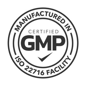 May include: A black and white circular logo with the text "MANUFACTURED IN" at the top and "ISO 22716 FACILITY" at the bottom. The center features "CERTIFIED GMP" with a checkmark.