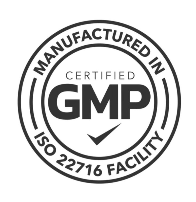 May include: A black and white circular logo with the text "MANUFACTURED IN" at the top and "ISO 22716 FACILITY" at the bottom. The center features "CERTIFIED GMP" with a checkmark.