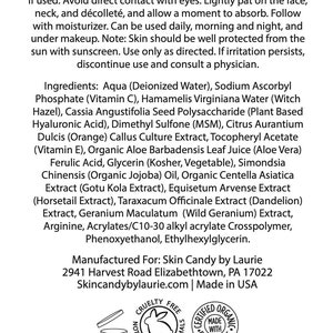 May include: A product information sheet for Skin Candy by Laurie. The text includes directions for use, ingredients, and manufacturing details. The product is cruelty-free and made with organic ingredients.
