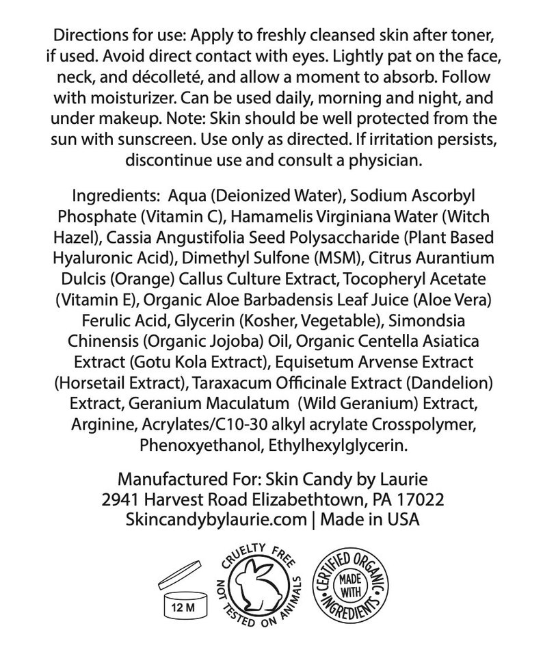 May include: A product information sheet for Skin Candy by Laurie. The text includes directions for use, ingredients, and manufacturing details. The product is cruelty-free and made with organic ingredients.