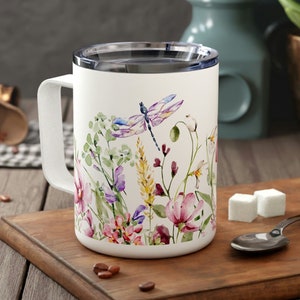 Beautiful Insulated Floral Coffee Mug, 10oz Wildflower Travel Cup with Handle and Lid, Watercolor Nature, Dragonfly, Spill Resistant Tumbler