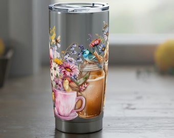 Wildflowers, Birds, & Coffee 20oz Eco-Friendly Steel Tumbler with Lid, Perfect Gardener, Mom, or Floral Lover Gift, Fits Car Cup Holder