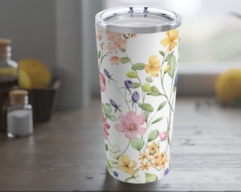 20oz Watercolor Wildflowers Tumbler with Lid, Great Gardener Gift or Wildflower Travel Tumbler, Featuring Passion Flower and Wild Hollyhock