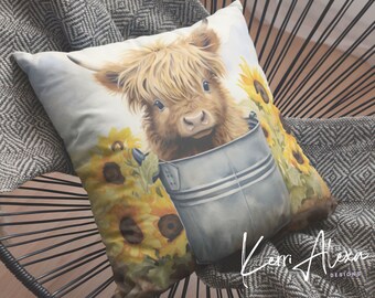 16"x16" Beautiful Square Floral Pillow Featuring an Adorable Highland Calf Spun Polyester Decorative Pillow Cover AND Pillow, Hidden Zipper