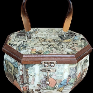 Vintage Anton Pieck Box Purse  Mid-Century Decoupage Victorian Street Scene, Lucite Handle