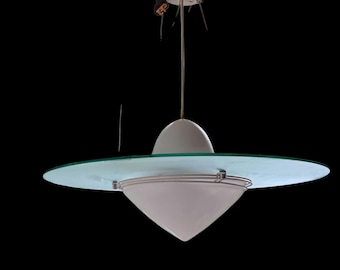 22" Mid-century Modern Flying Saucer Light 1950s Space Age Atomic Fixture, UFO Jetsons, Tri-light Mfg Co LA Rare Green Glass Effect Pendant