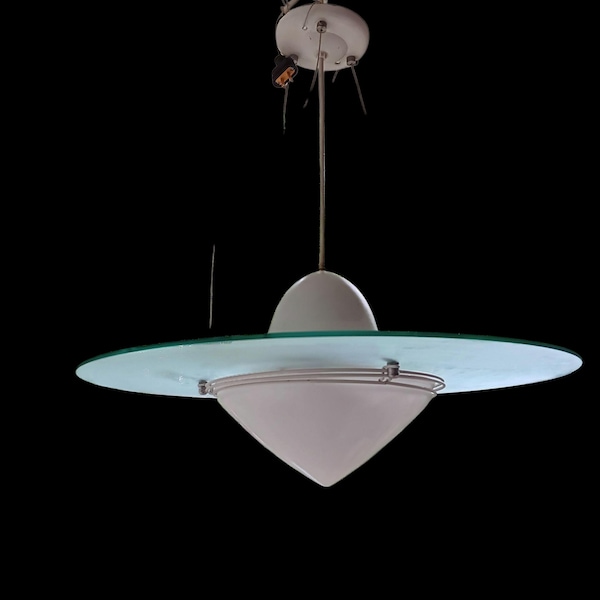 Lámpara de platillo volador de 56 cm, estilo moderno de mediados de siglo, de la década de 1950, de estilo atómico, de la era espacial, de los Supersónicos, de Tri-light Mfg Co. LA, rara lámpara colgante con efecto de vidrio verde.