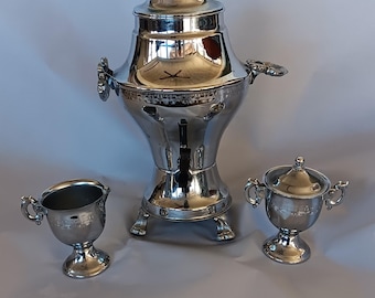 Vintage United Metal Goods Coffee Urn Set Art Deco Silver Plate Brooklyn NY Electric Percolator Cream Sugar 1930s 1940s