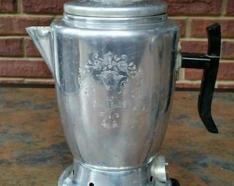 Vintage Enterprise Aluminum Co. Model 543 Electric Coffee Percolator | Floral Engraved Mid-Century Space-Age Art Deco | Bakelite Handle, Ret