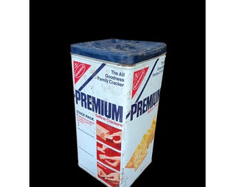 Vintage 1978 Nabisco Premium Saltine Crackers Tin Metal Advertising 15 oz Blue