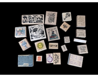 Lot of 20 Vintage Wood Mounted Rubber Stamps Arts Floral Sun Clock Metal Block