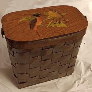 Torebka w stylu vintage Caro-Nan Bird Decoupage Basket z połowy XX wieku, wykonana ręcznie, w stylu retro, boho, południowa ikona