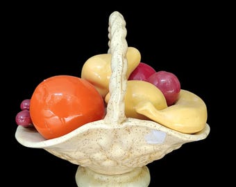 Vintage Ceramic Fruit Basket Centerpiece Glossy Mixed Fruit Sculpture Speckled