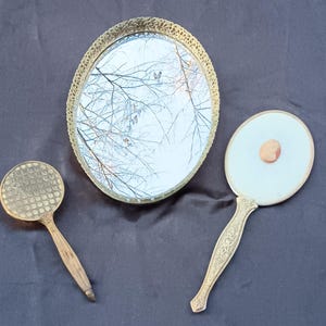 Vintage Ormolu Filigree Vanity Set – Mirror, Brush & Tray – Gold-Tone Metal