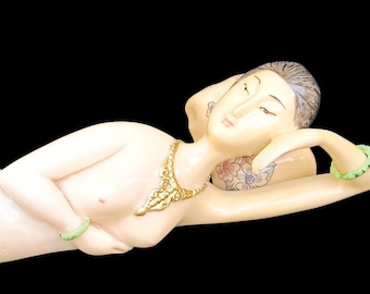 Art Deco Reclining Nude Lady Sculpture Faux Ivory Asian Republic Era Figure