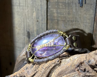 Amethyst Cabochon Leather Bracelet with Leather Wrapped Brass and Tactical Buckle Closure