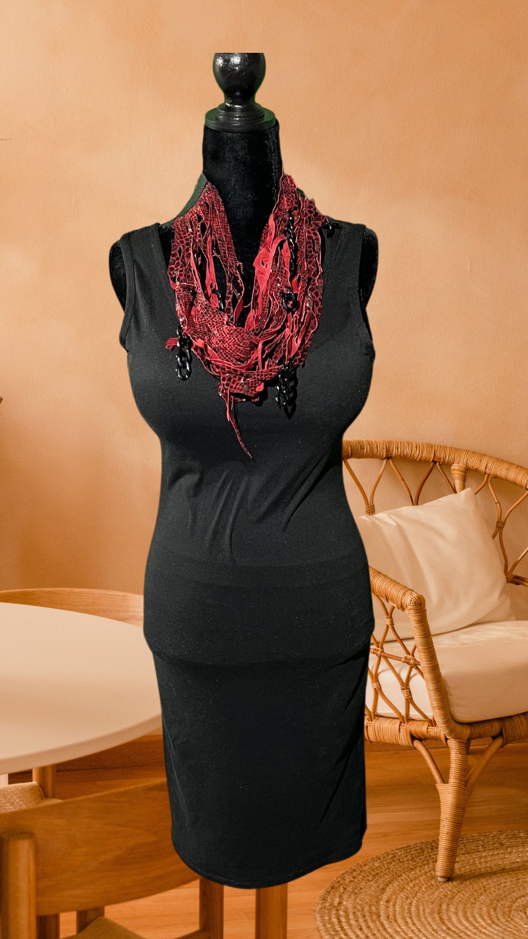 Red and Black Glossy Snakeskin Ripped and Slashed Leather Necklace With ...