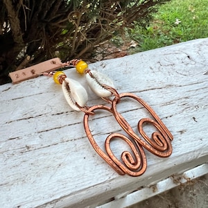 Yellow Krobo Glass, Cowrie Shell, and Loopy Swirl Earrings with Copper Wire