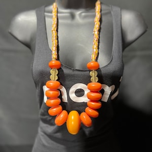 African Berber Necklace with Cameroon Brass Filigree and Sand Cast Krobo Beads on a Leather Cord