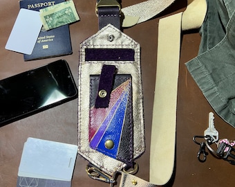 Bi-Pride Flag Covering - Multi Leather RFID-Blocking Crossbody & With Recoil Key Chain Badge Holder and Leather Strap