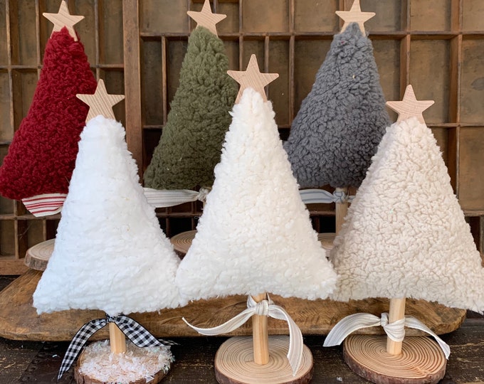 3 Vintage Chenille White and Green Christmas Trees Mantel Decor