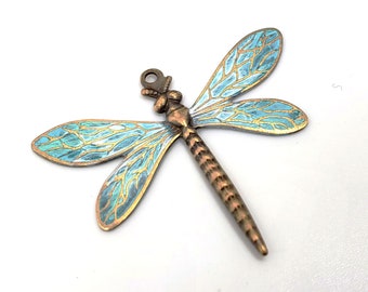 Dragonfly Charm Pendant, Colorful Hand Painted Solid Brass USA Made, DIY Dragonfly Jewelry 36x30mm (1.4"x1.2") Mixed Media Art Scrap-Booking