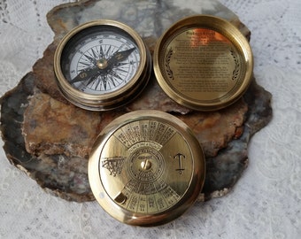 Brass Calendar Compass, 58mm, 2 1/4"Large 100 Year Calendar & Compass Nautical, Gift for Dad, Guy, Men, Traveler, Desk, Vintage Reproduction